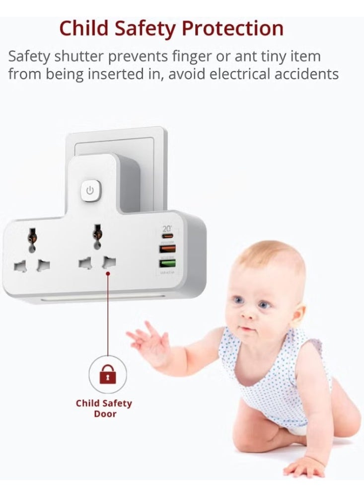 PEGANT 3-in-1 Power Extension Socket with 20W USB-C PD Fast Charging, 2 AC Outlets + 2 USB-A Ports + 1 USB-C Port, Touch Night Light, Compact Multi Plug Adapter - Image 2